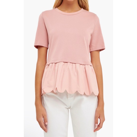English Factory Tops - ENGLISH FACTORY Pink Scallop Trim Peplum Top Short Sleeve Crew Neck Women Size S